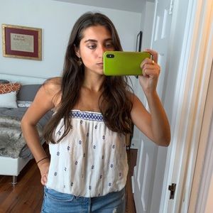 Free People White Blouse with Blue Embroidery